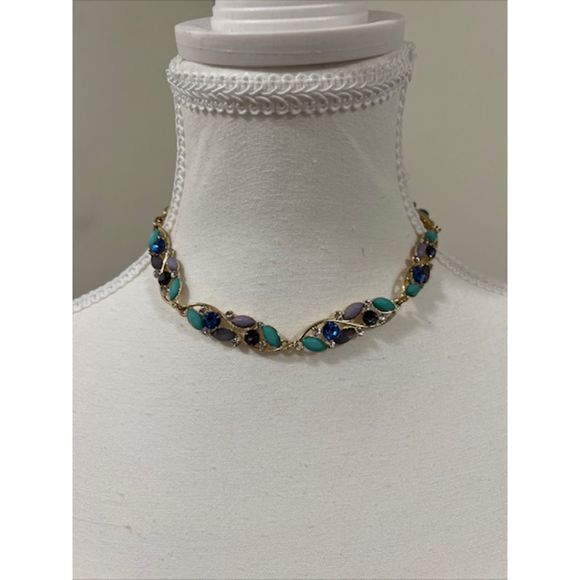 Gold Tone Faux Turquoise Multi Gemstone Rhinestone 14 Inch Choker Necklace - Picture 5 of 10